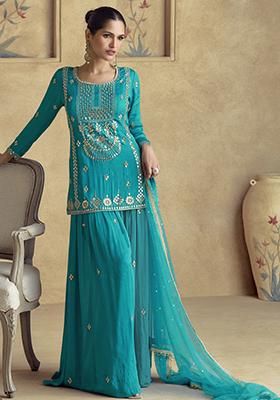 Sky Blue Embroidered Silk Kurta Set