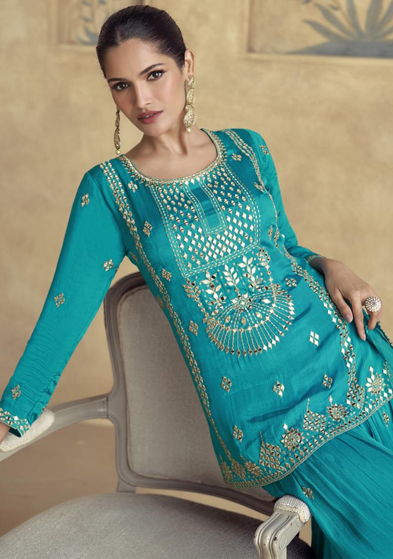 Sky Blue Embroidered Silk Kurta Set