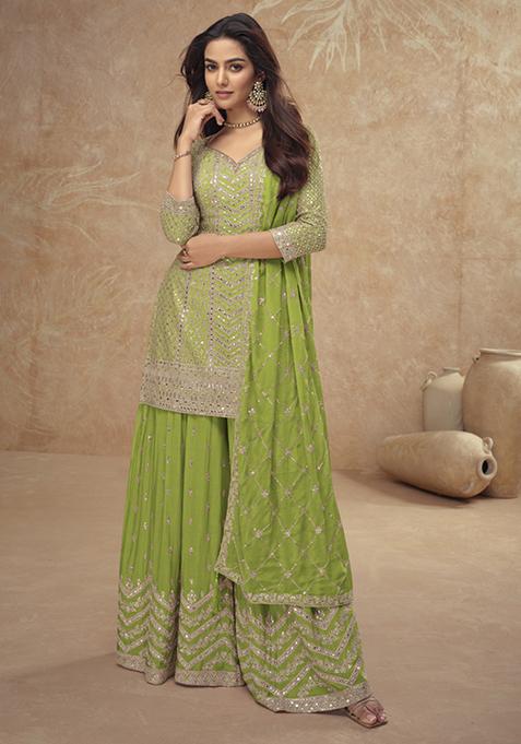 Light Green Embroidered Silk Sharara Set — view on Indya