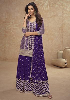 Purple Embroidered Silk Kurta Set