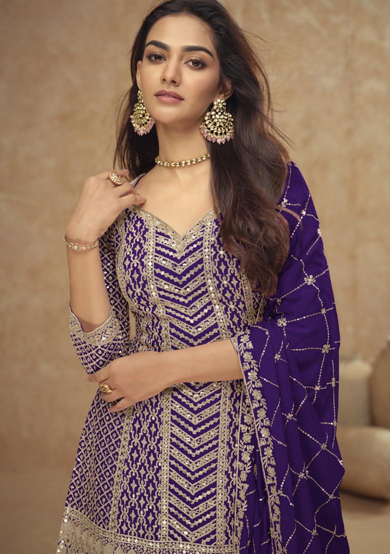 Purple Embroidered Silk Kurta Set