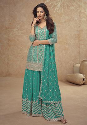 Sky Blue Embroidered Silk Kurta Set