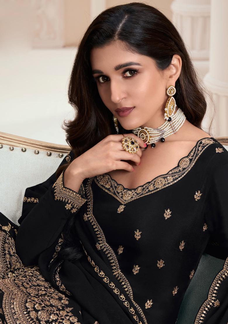 Black Embroidered Silk Kurta Set