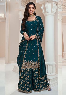 Teal Embroidered Silk Kurta Set