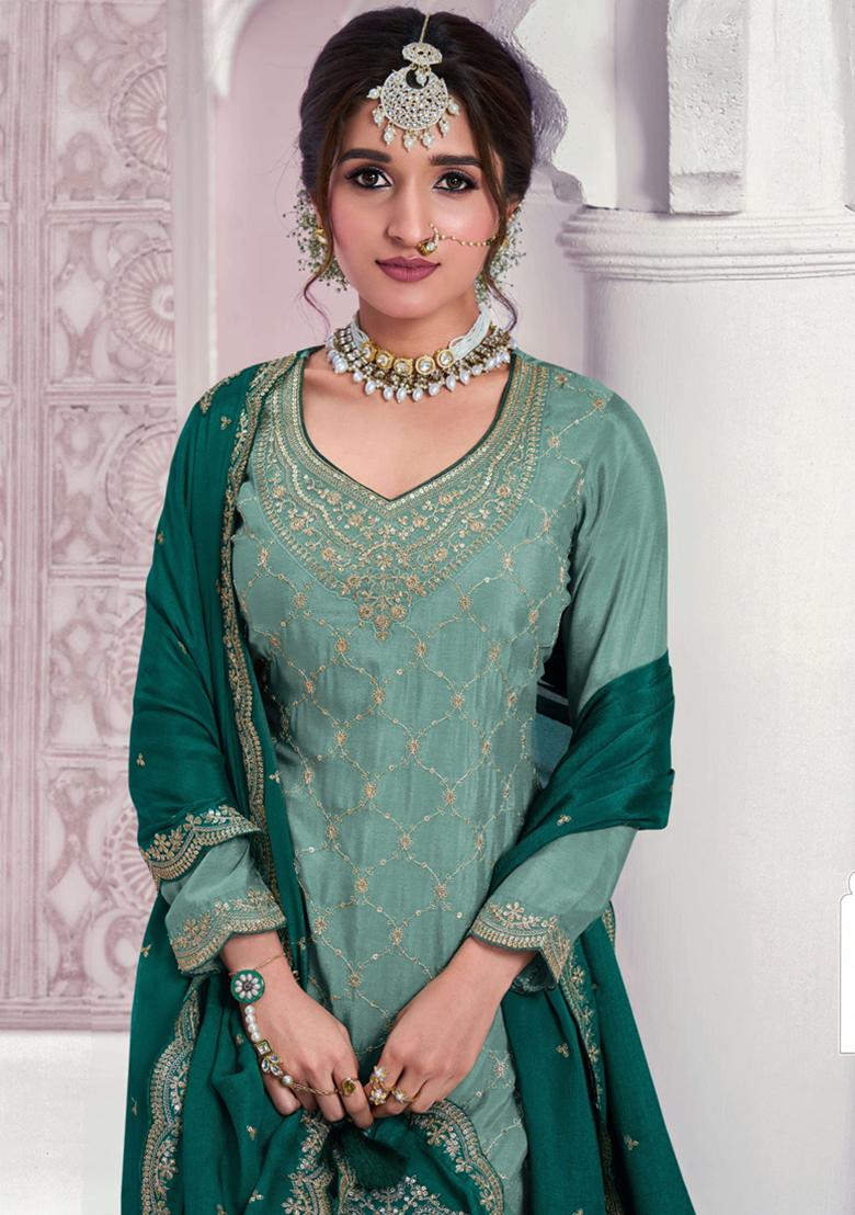 Green Embroidered Silk Kurta Set