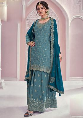 Light Blue Embroidered Silk Kurta Set