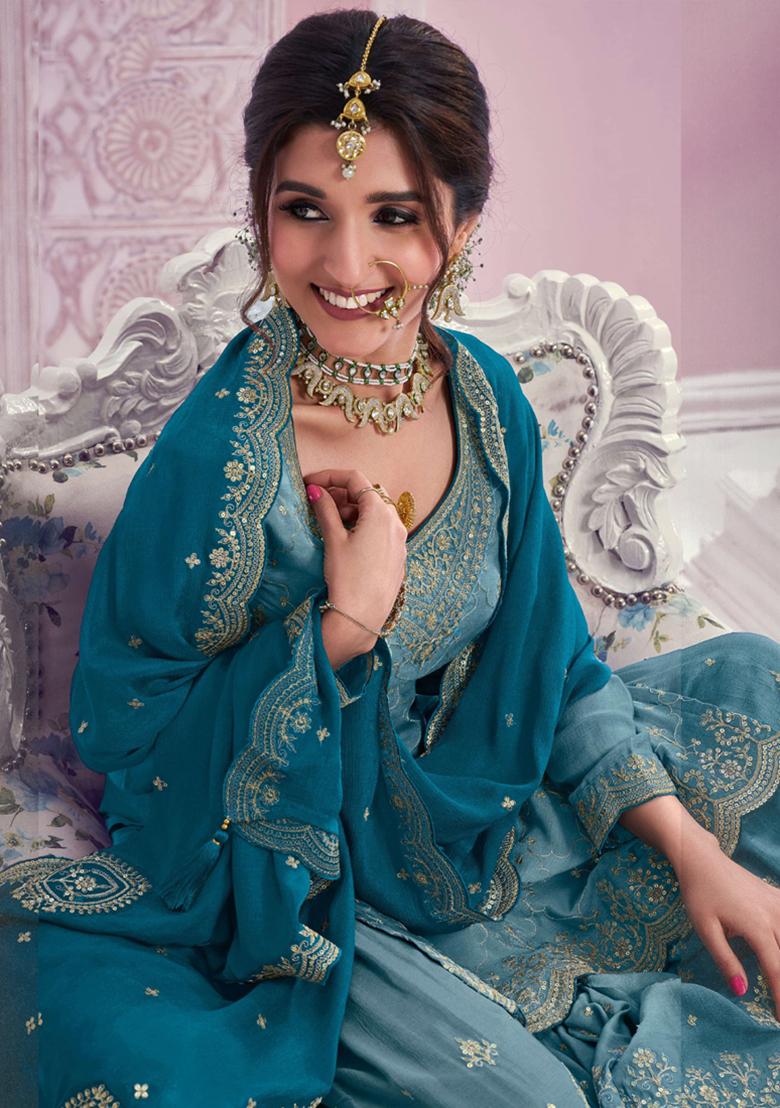 Light Blue Embroidered Silk Kurta Set