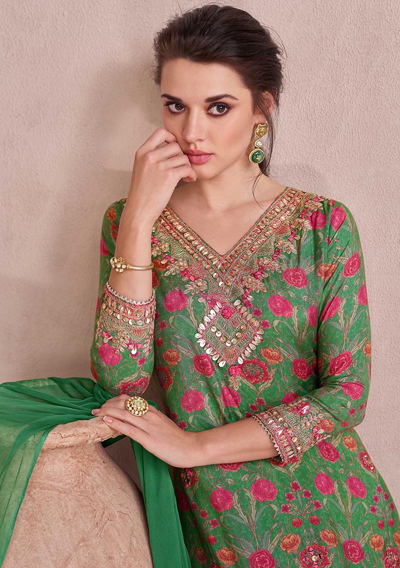 Green Embroidered Muslin Salwar Kameez