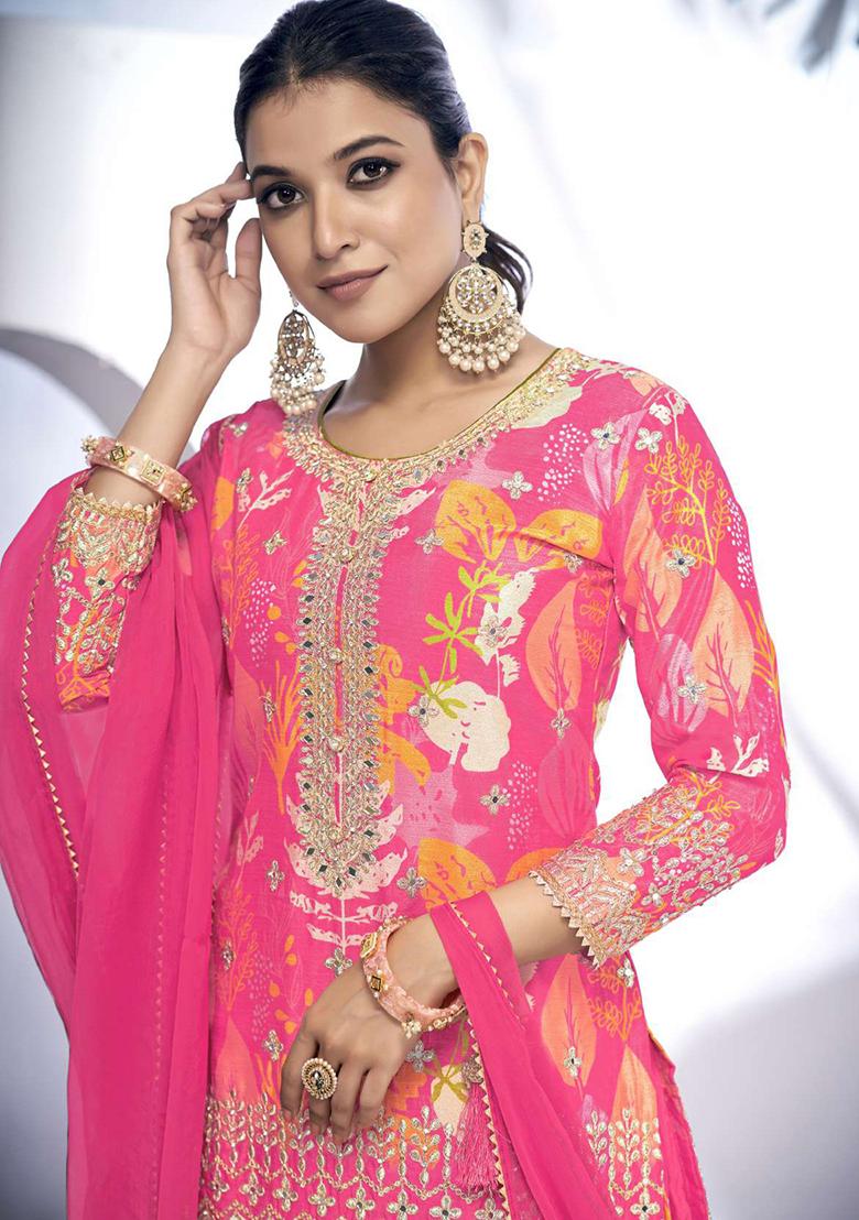Pink Embroidered Chinnon Salwar Kameez