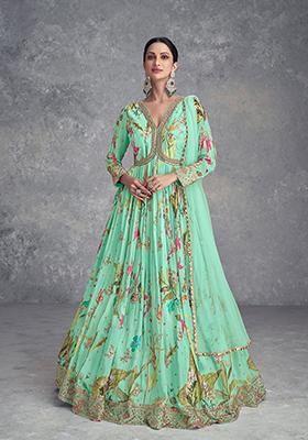 Turquoise Blue Embroidered Chinnon Salwar Kameez