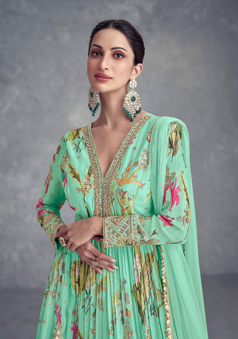 Turquoise Blue Embroidered Chinnon Salwar Kameez