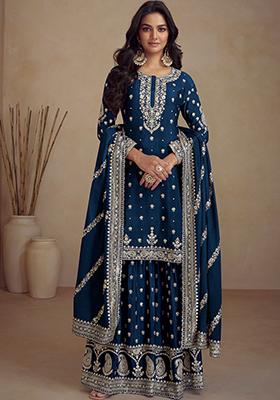 Teal Blue Embroidered Chinnon Salwar Kameez