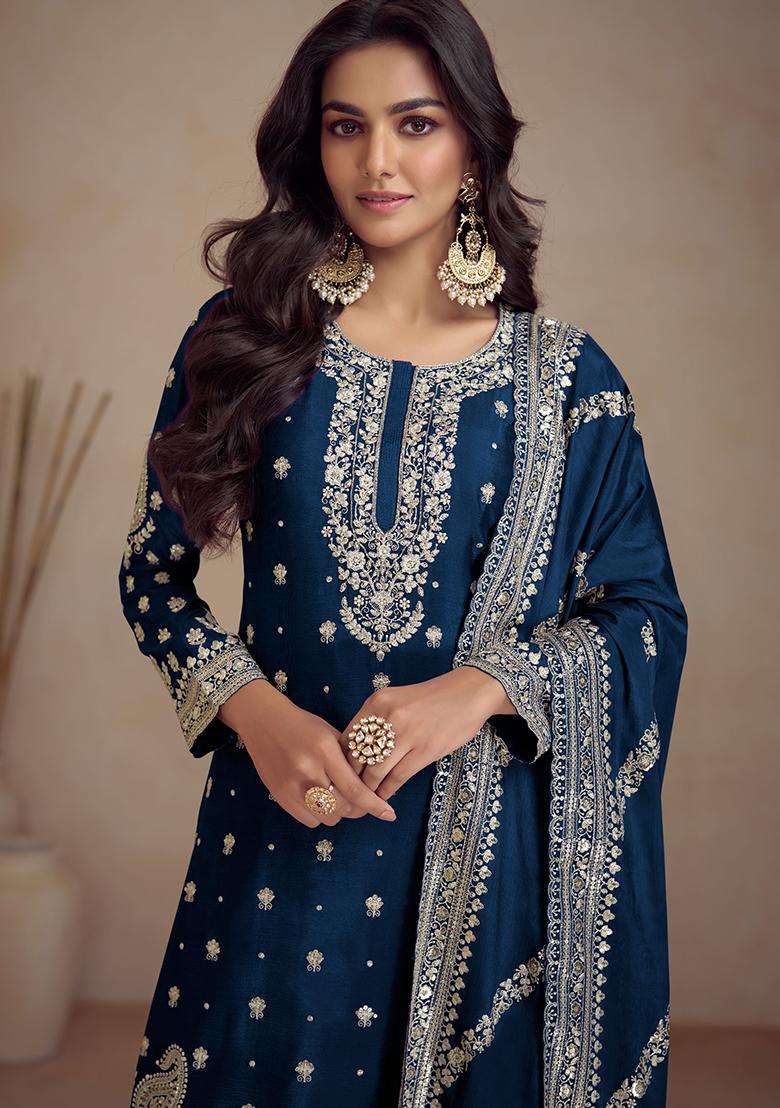 Teal Blue Embroidered Chinnon Salwar Kameez