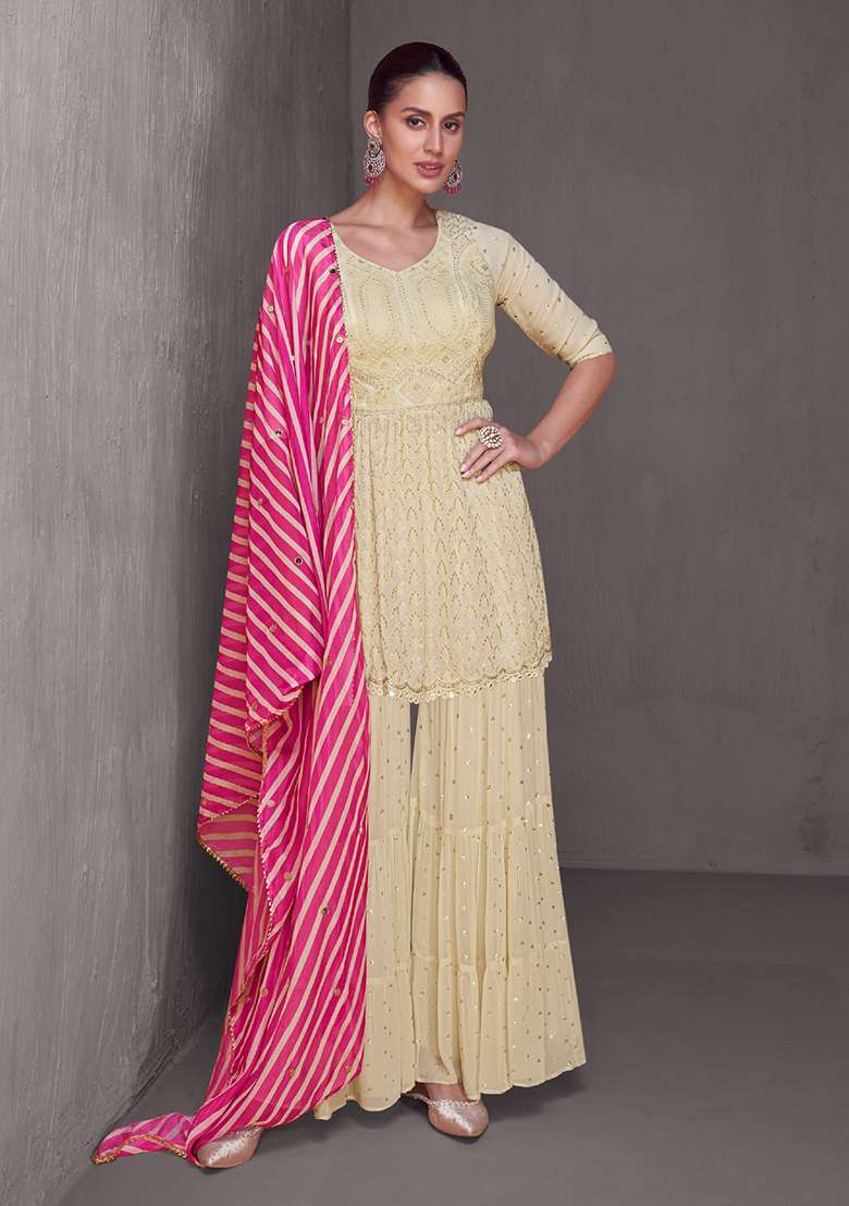 Off White Embroidered Georgette Salwar Kameez - Indya