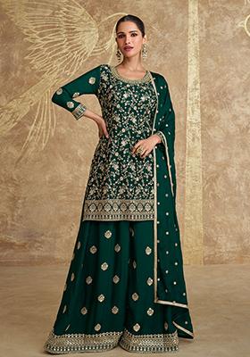 Green Embroidered Chinnon Salwar Kameez