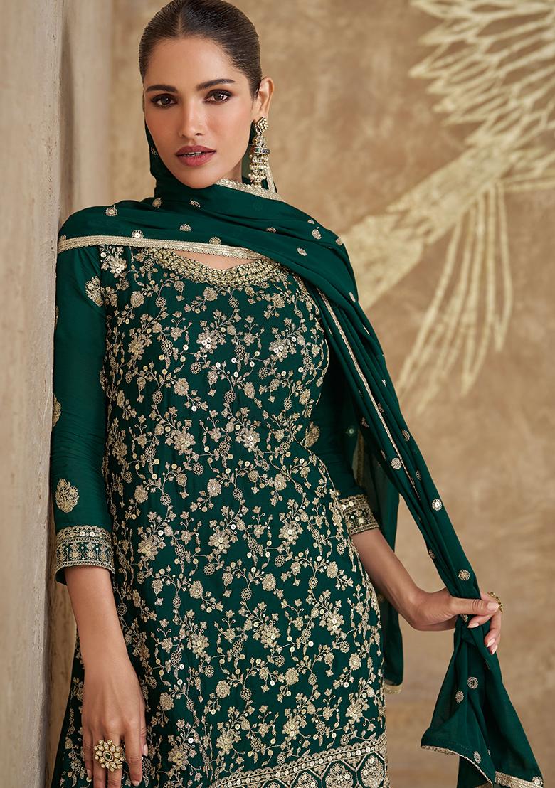 Green Embroidered Chinnon Salwar Kameez