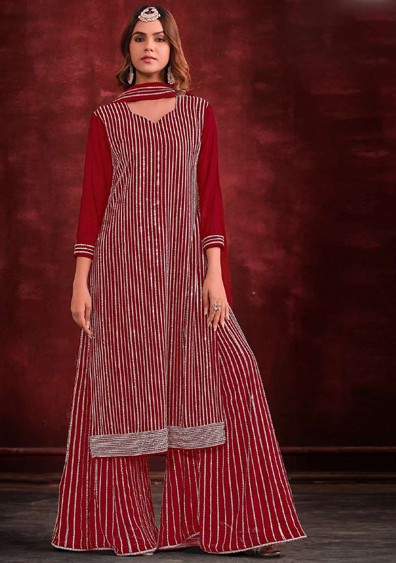 Red Striped Georgette Sharara Set - Indya