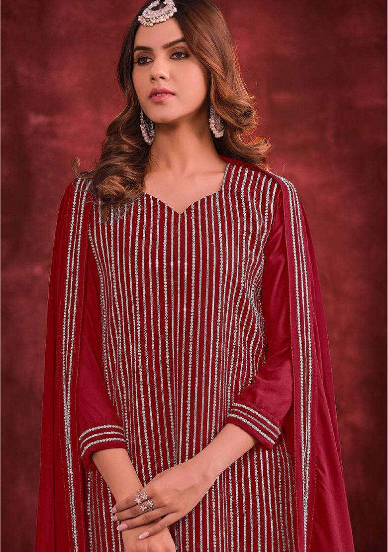 Red Embroidered Georgette Salwar Kameez