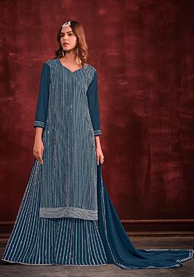 Teal Blue Embroidered Georgette Salwar Kameez