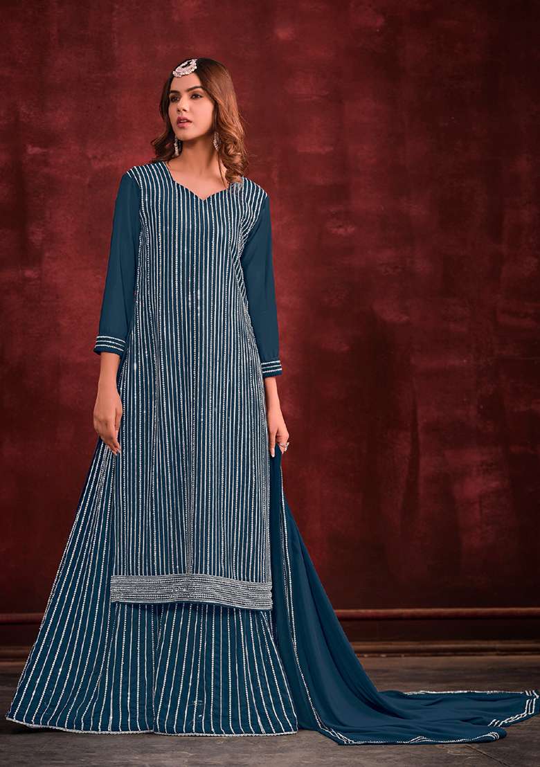 Teal Blue Sequin Work Georgette Sharara Set - Indya