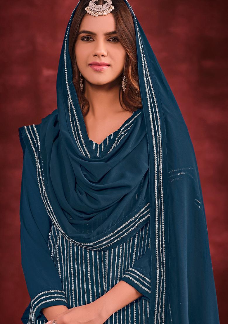 Teal Blue Embroidered Georgette Salwar Kameez