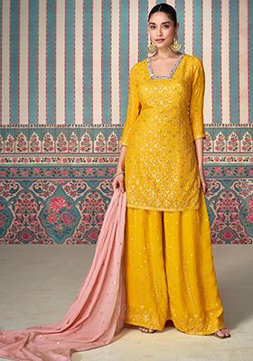 Mustard Embroidered Chinnon Salwar Kameez