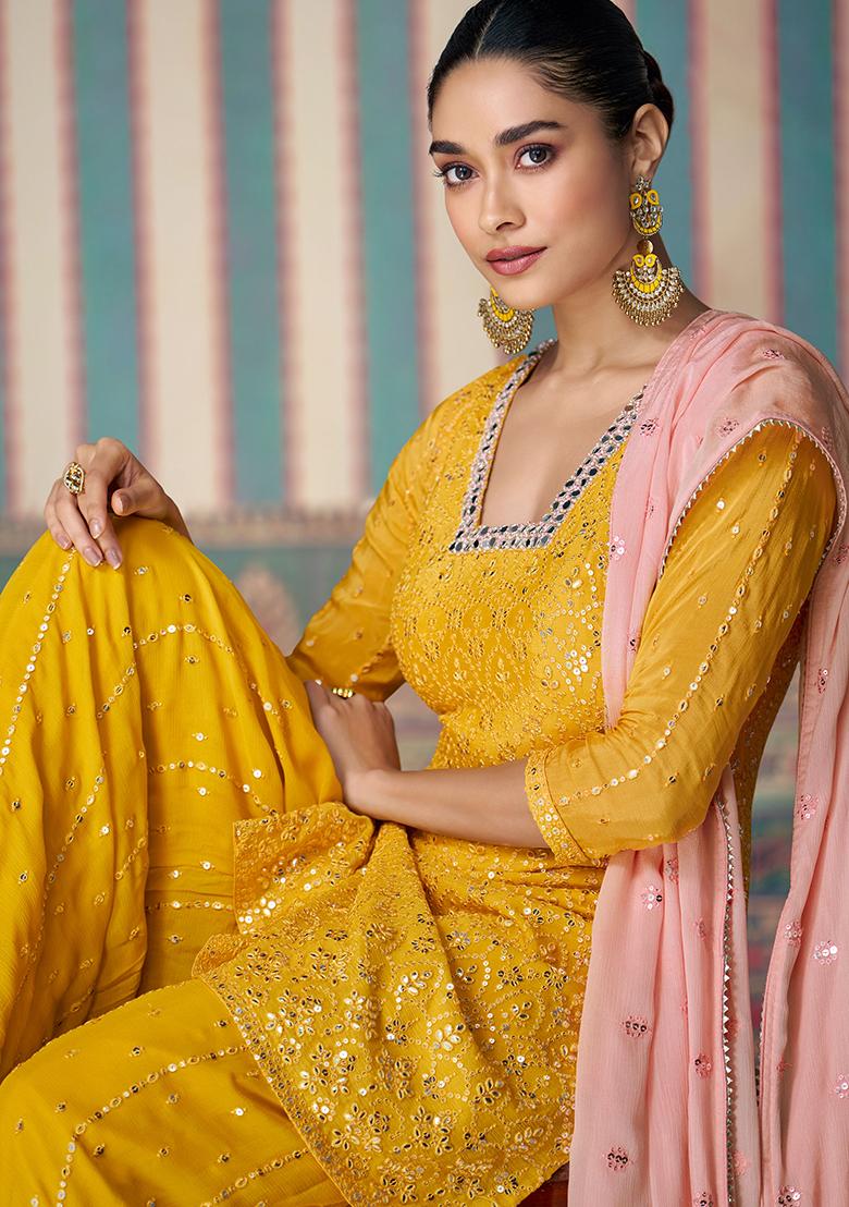 Mustard Embroidered Chinnon Salwar Kameez
