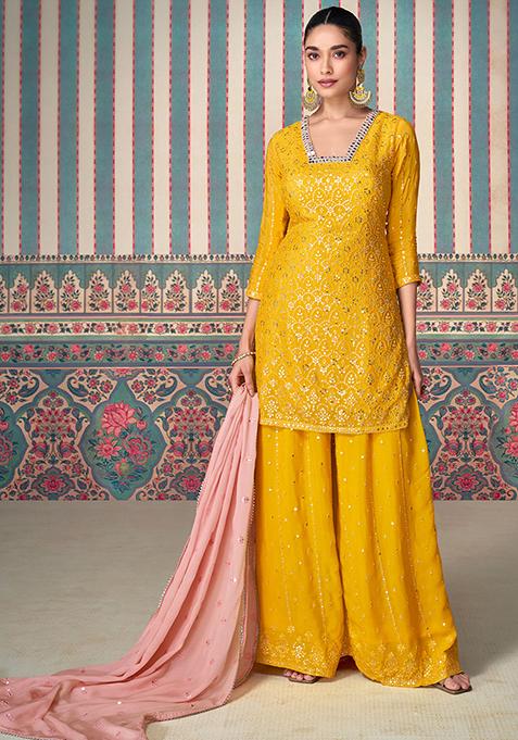 Mustard Embroidered Chinnon Salwar Kameez