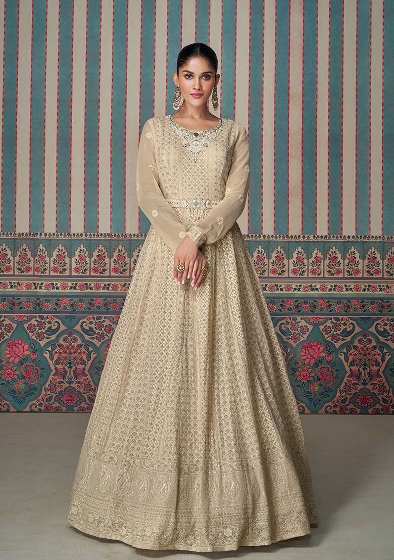 Beige Embroidered Georgette Anarkali Set - Indya