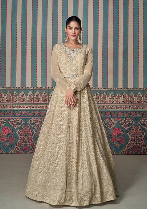 Beige Embroidered Georgette Salwar Kameez