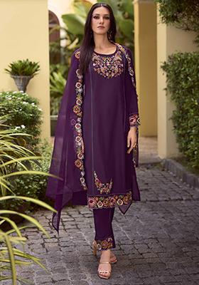 Purple Embroidered Viscose Salwar Kameez