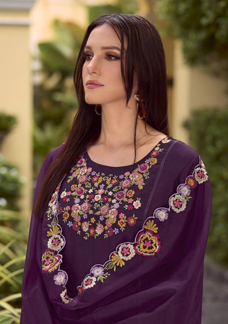 Purple Embroidered Viscose Salwar Kameez