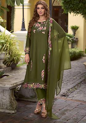 Green Embroidered Viscose Salwar Kameez