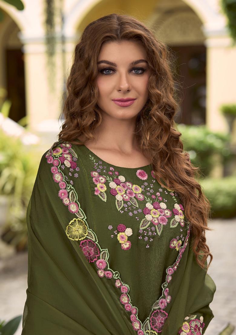 Green Embroidered Viscose Salwar Kameez
