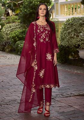 Maroon Embroidered Viscose Salwar Kameez