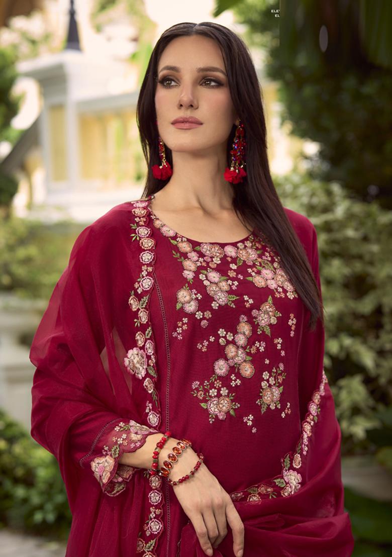 Maroon Embroidered Viscose Salwar Kameez