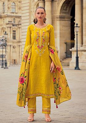 Yellow Embroidered Jacquard Salwar Kameez