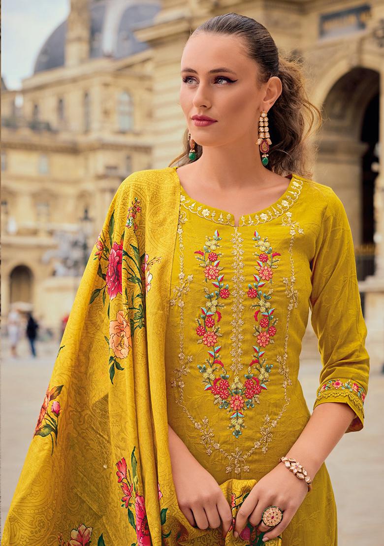 Yellow Embroidered Jacquard Salwar Kameez