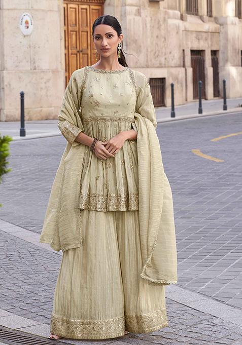 Beige Embroidered Shimmer Salwar Kameez