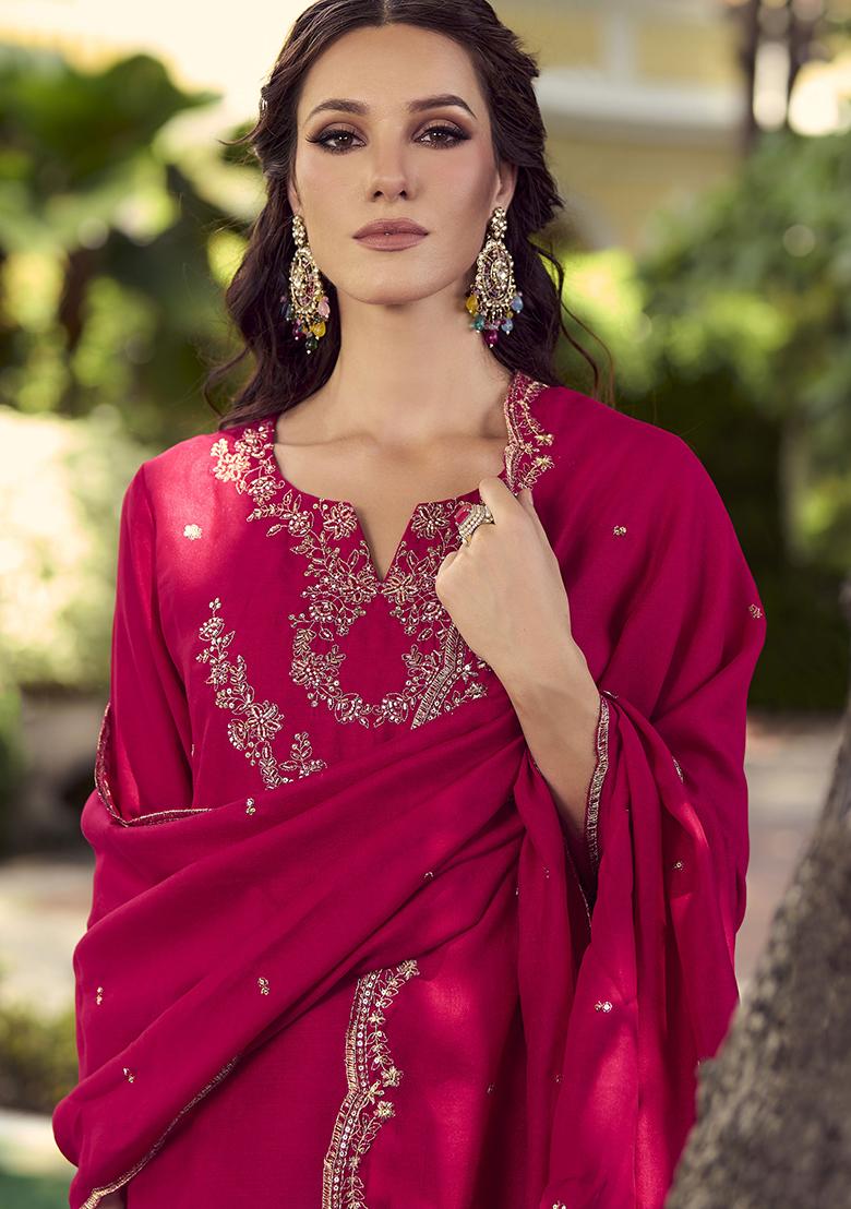 Pink Embroidered Vichitra Salwar Kameez