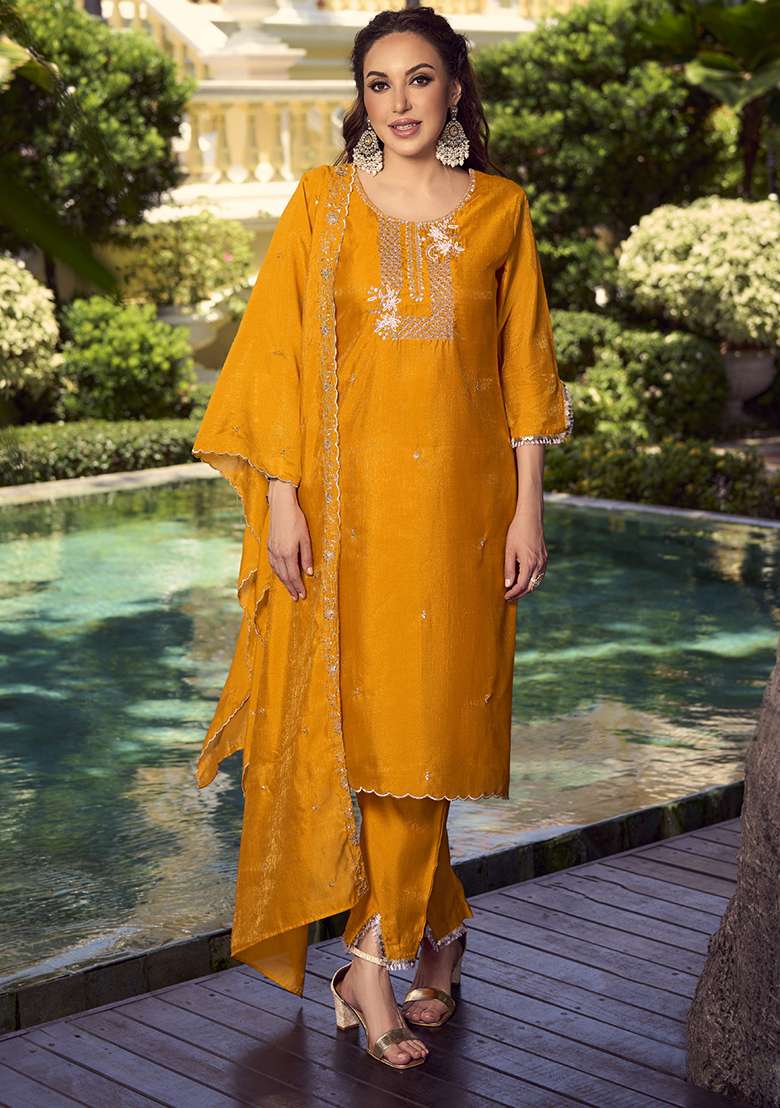 Mustard Embroidered Vichitra Straight Kurta Set - Indya