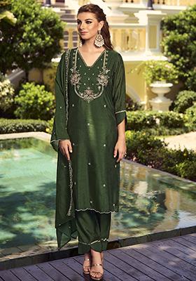 Green Embroidered Vichitra Salwar Kameez