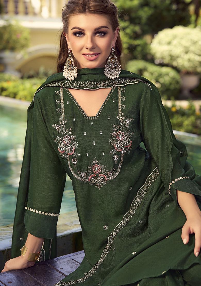 Green Embroidered Vichitra Salwar Kameez