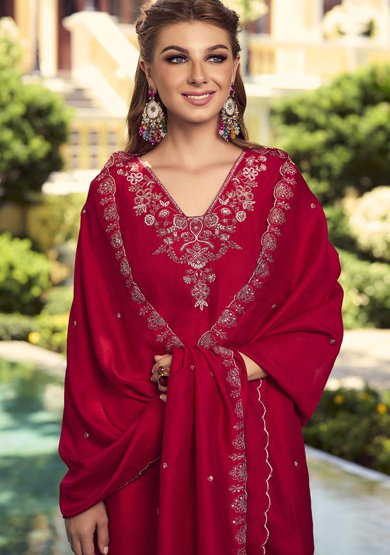 Maroon Embroidered Vichitra Salwar Kameez