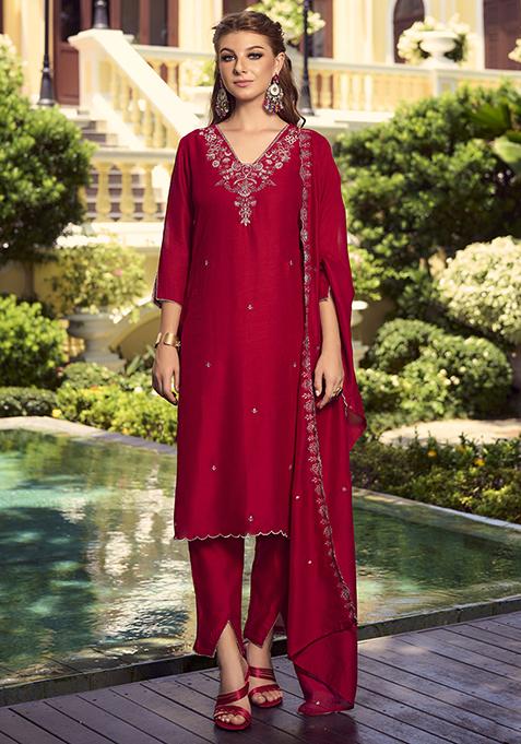 Maroon Embroidered Vichitra Salwar Kameez
