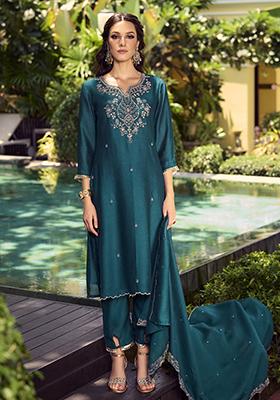 Teal Blue Embroidered Vichitra Salwar Kameez