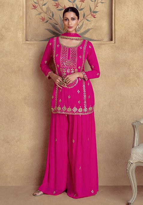 Pink Embroidered Chinnon Salwar Kameez
