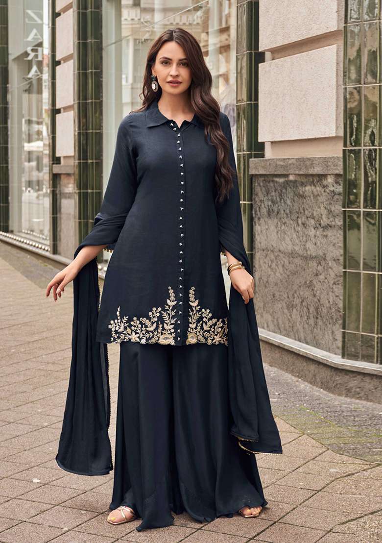 Blue Embroidered Silk Salwar Kameez - Indya