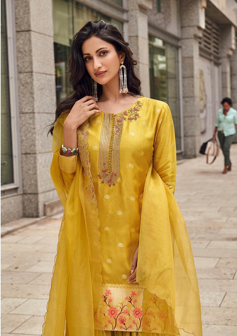 Mustard Embroidered Jacquard Salwar Kameez