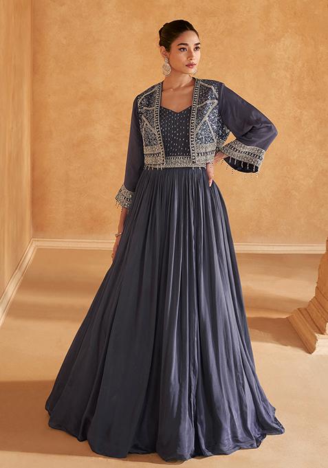 Blue Embroidered Chinnon Salwar Kameez